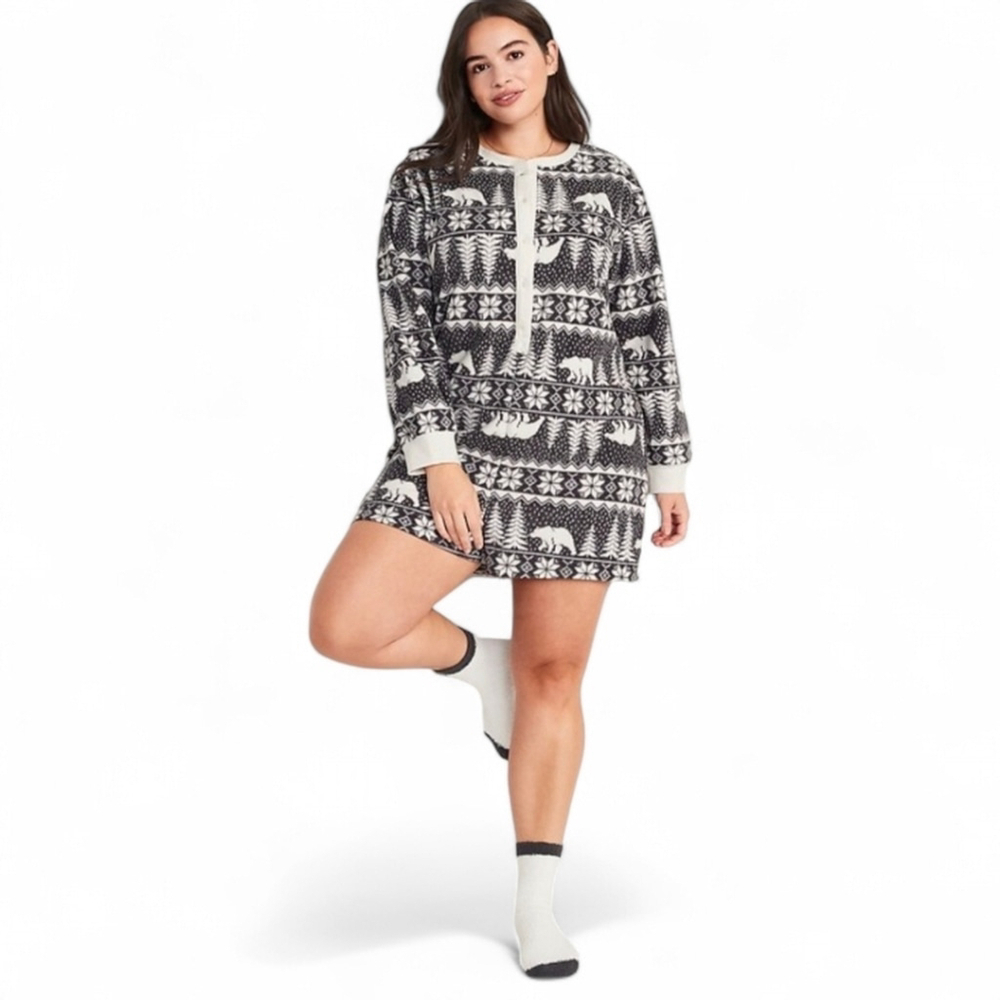 Old Navy Gray Bear Fair Isle Fleece Henley Pajama Romper Women’s L NWOT